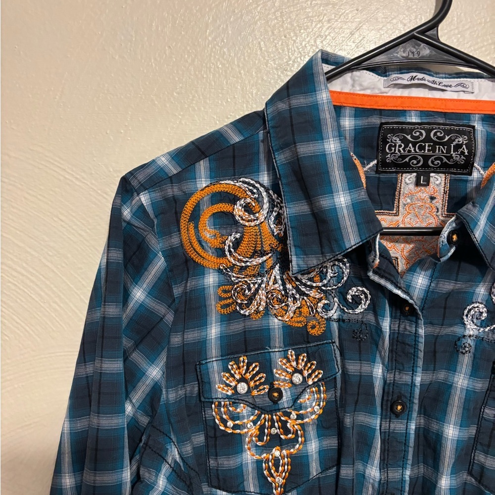 Grace in LA Embroidered Western Plaid Shirt Teal Orange Snap Button Large - Picture 6 of 9